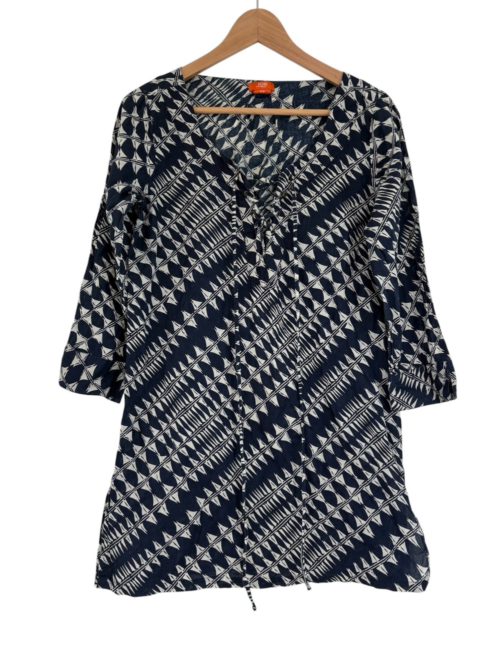 Gauzy Tie-Front Tribal Geometric Print Cotton Swimming Beach Cover-Up Small